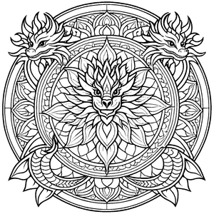 Mystisches Mandala Mix mit drachenartigen Wesen und Blumen Malvorlage für abenteuerlustige Künstler auf ihrer spannenden Entdeckungsreise