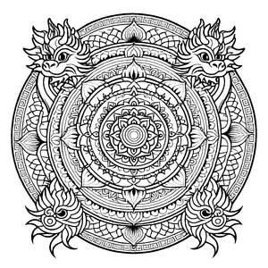 Faszinierendes Mandala Mix mit majestätischen Drachen Ausmalvorlage für kleine Künstler auf ihrer kunterbunten Entdeckungsreise