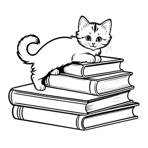 Freche Katze auf Bücherstapel mit neugierigem Blick Ausmalvorlage für kleine Lesefreunde voller Abenteuer