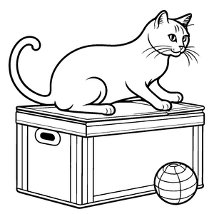 Freche Katze auf hoher Kiste mit bunter Kugel Malvorlage für kleine Abenteurer mit großer Fantasie