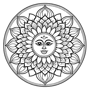 Strahlendes Mandala Mix mit fröhlicher Sonne Ausmalbild für kleine Farbenzauberer auf fantastischen Entdeckungsreisen