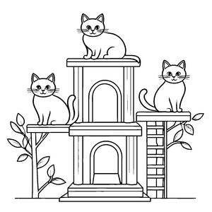 Drei charmante Katzen auf verspieltem Katzenbaum Ausmalbild für fantasievolle Entdecker