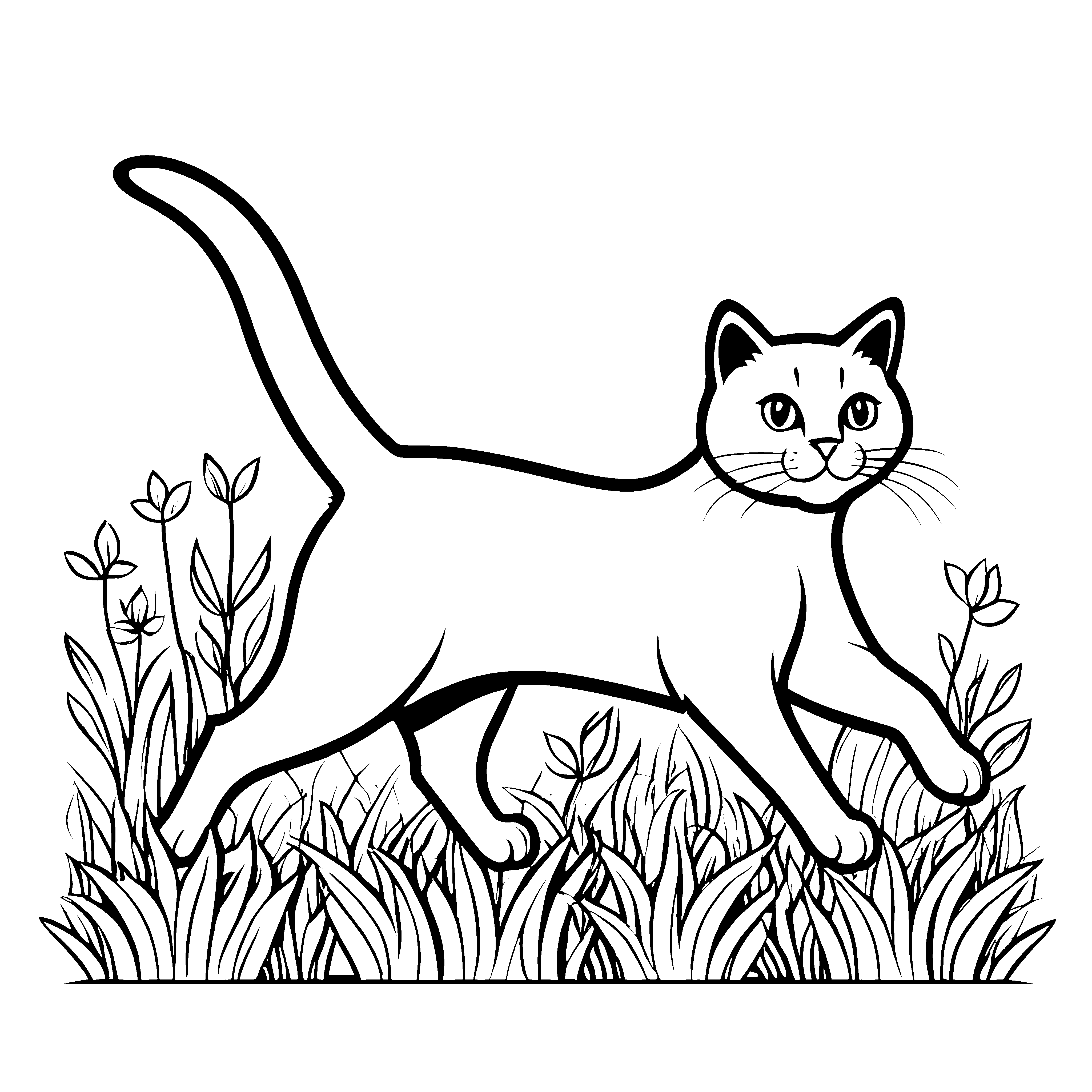 Bezaubernde Katze läuft durch hohe Gräser Malvorlage für neugierige Tierfreunde