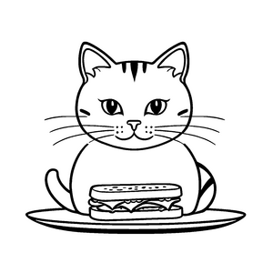 Freche Katze neben leckerem Sandwich Ausmalbild für kleine Schlemmerfreunde mit großer Kreativität
