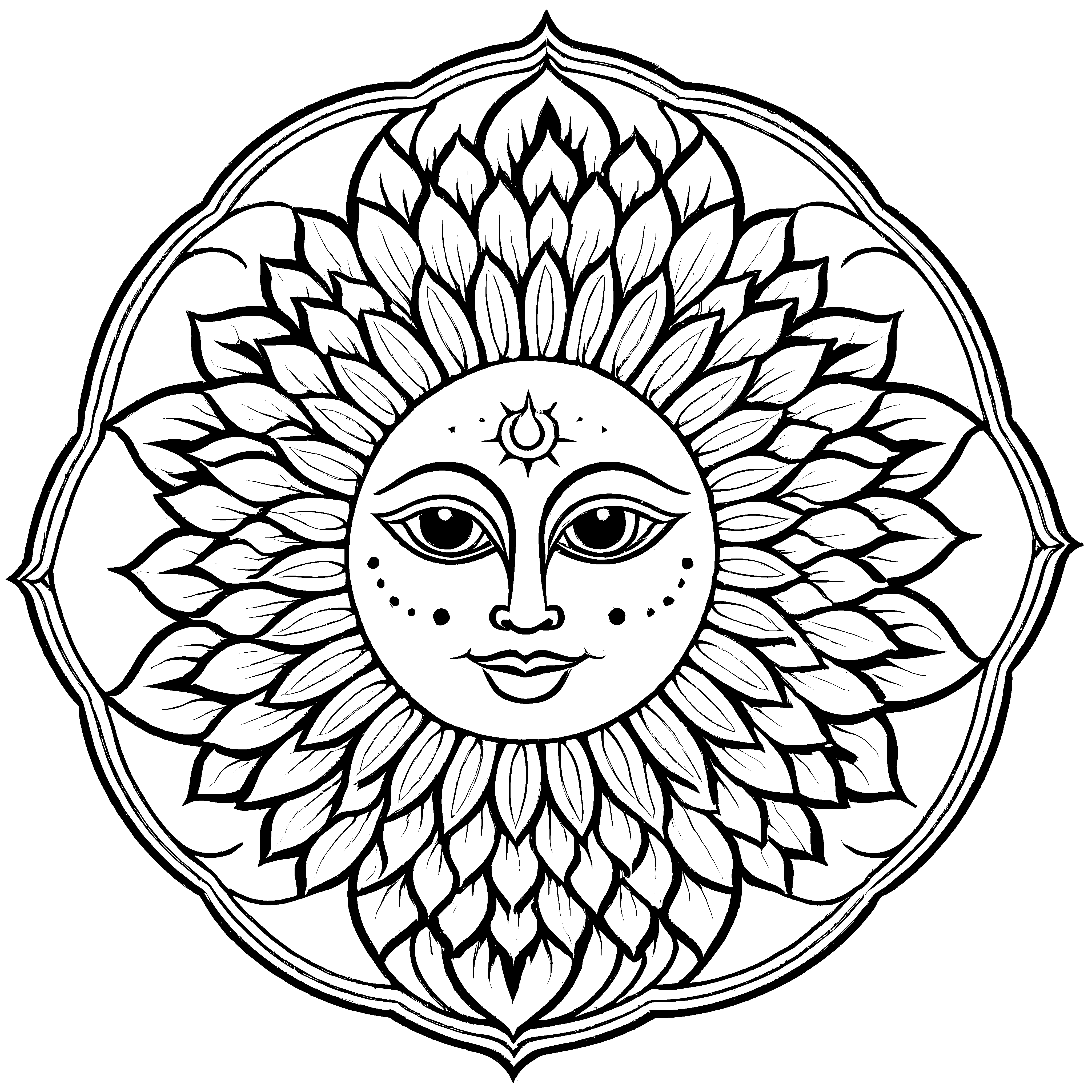 Strahlendes Mandala Mix mit fröhlichem Sonnenblumenmuster Ausmalbild für neugierige Entdecker auf bunten Fantasiereisen