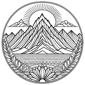 Fantasievolles Mandala Mix mit Bergen Sonne und Blumen Ausmalbild für wissbegierige Farbzauberer auf magischen Entdeckungsreisen