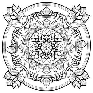 Vielseitiges Mandala Mix mit verspielten Blättern und Mustern Ausmalvorlage für abenteuerlustige Farbzauberer auf aufregenden Entdeckungsreisen