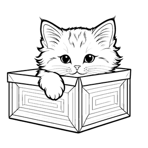 Verspielte Katze mit großen Augen im Karton Ausmalvorlage für neugierige Entdecker