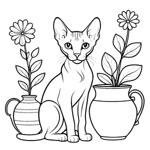 Faszinierende Sphynx Katze neben blühendem Blumentopf Ausmalvorlage für kleine Pflanzenfreunde