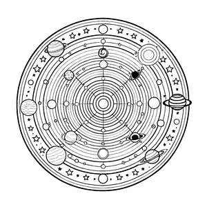 Magisches Mandala Mix mit Planeten und Sternen Ausmalvorlage für abenteuerliche Kosmosfreunde auf galaktischen Erkundungsreisen