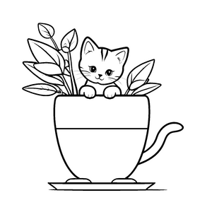 Verspielte Katze im Kaffeebecher Ausmalbild für kreative Köpfe