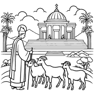 Beeindruckender Babylonischer Priester mit Schafherde Ausmalvorlage für mutige Kunstentdecker
