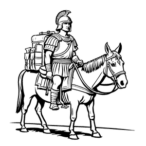 Eindrucksvoller römischer Legionär auf mutigem Esel Ausmalvorlage für neugierige Geschichtsforscher