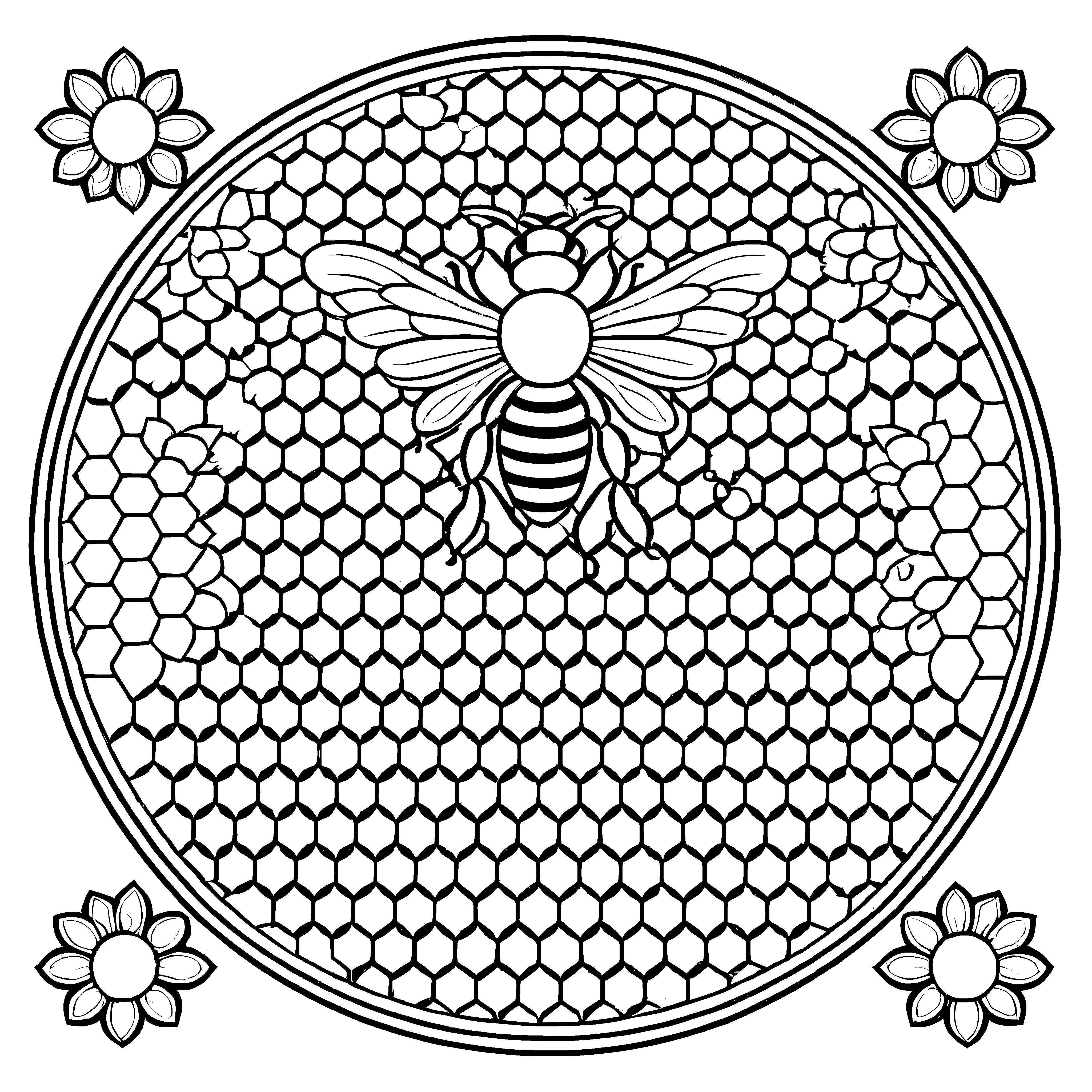 Futuristisches Mandala Mix mit schimmernder Biene Malvorlage für neugierige Farbkünstler auf spannenden Entdeckungsreisen