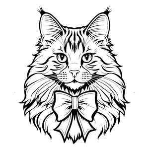 Charismatische Maine Coon Katze mit Schleife Ausmalvorlage für kleine Meisterdetektive
