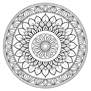Fesselndes Mandala Mix mit filigranen Symbolen Ausmalbild für neugierige Farbzauberer auf bunten Entdeckungsreisen