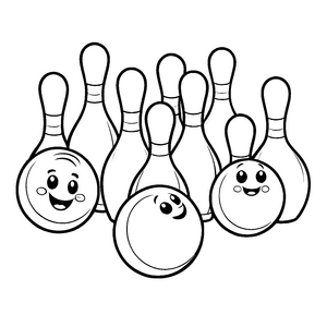 Bezaubernde Bowlingkugeln mit fröhlichen Gesichtern Ausmalbild für kleine Spielabenteurer