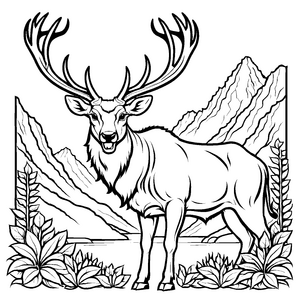 Majestätischer Riesenhirsch vor atemberaubender Bergkulisse Ausmalbild für neugierige Naturliebhaber