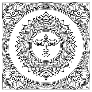 Strahlendes Mandala Mix mit Sonnenmotiv und Blumen Ausmalvorlage für phantasievolle Farbentdecker auf bunten Reisen