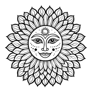 Strahlendes Mandala mit fröhlicher Sonnenbewegung und Blättern Ausmalvorlage für kleine Farbvirtuosen und kreative Entdecker