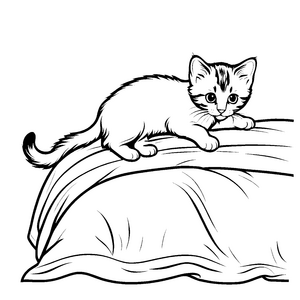 Niedliches Kätzchen auf einem kuscheligen Bett Ausmalmotiv für träumerische Katzenfreunde