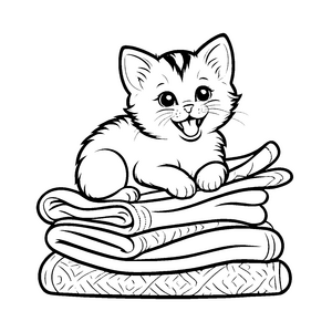 Schlafende gähnende Katze auf hübschem Wäschehaufen Ausmalvorlage für fröhliche kleine Entdecker