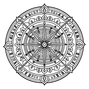 Vielseitiges Mandala mit geheimnisvollen Symbolen Ausmalbild für kleine Gleichgewichtskünstler und kreative Träumer