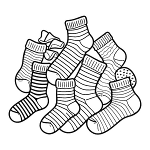Neun verspielte Socken in bunten Farben Ausmalbild für flotte Farbkünstler