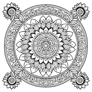 Fesselndes Mandala mit Sonnenblumen und feinen Mustern Ausmalbild für neugierige Farbentdecker und kreative Visionäre