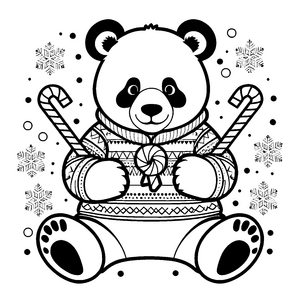 Niedlicher Panda mit Weihnachtspullover und Geschenk Ausmalvorlage für kleine Tierfreunde