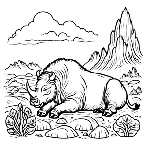 Wunderschönes Wollnashorn in ruhiger Landschaft Ausmalbild für kleine Naturfreunde