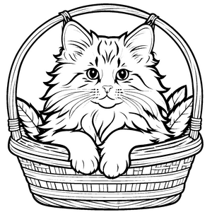 Bezaubernde Maine Coon Katze im gemütlichen Korb Ausmalbild für kleine Entdecker