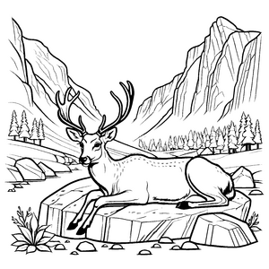 Ruhiger Riesenhirsch auf Felsen im Gebirge Malvorlage für junge Naturliebhaber