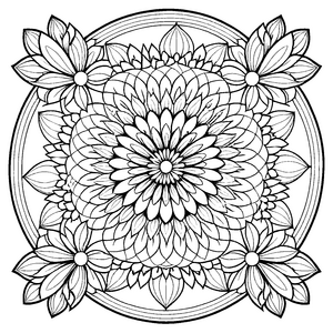Elegantes Mandala mit floralen Rundungen und Sternen Ausmalbild für blühende Ideen und fantasievolle Farbzauberer