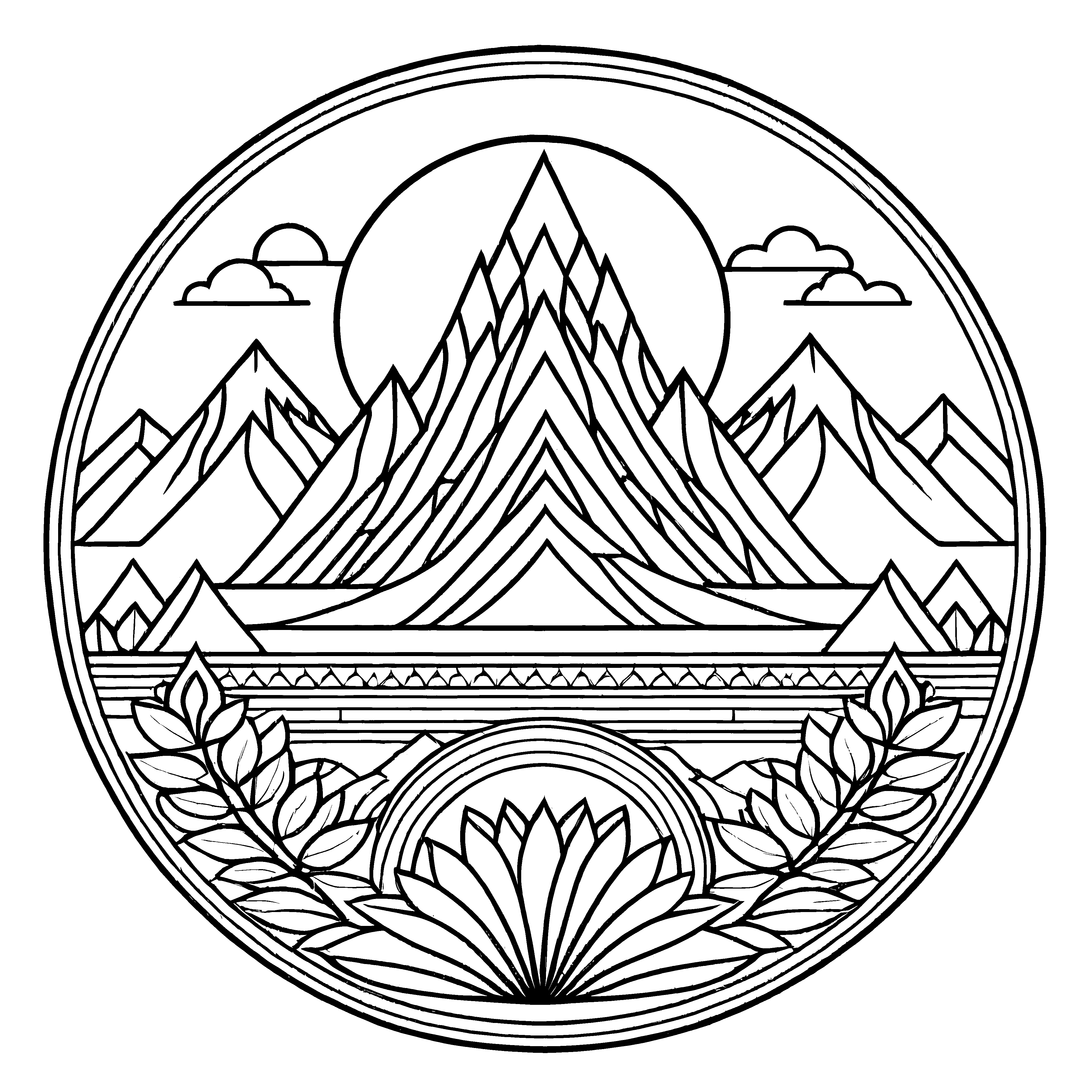 Faszinierendes Mandala mit majestätischem Bergmotiv und Sonnenschein Ausmalvorlage für kleine Kreativköpfe und abenteuerliche Farbgestalter