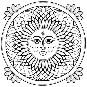 Faszinierendes Mandala mit fröhlichem Gesicht und verschnörkelten Mustern Malvorlage für fantasievolle Farbträumer und kleine Weltenbauer