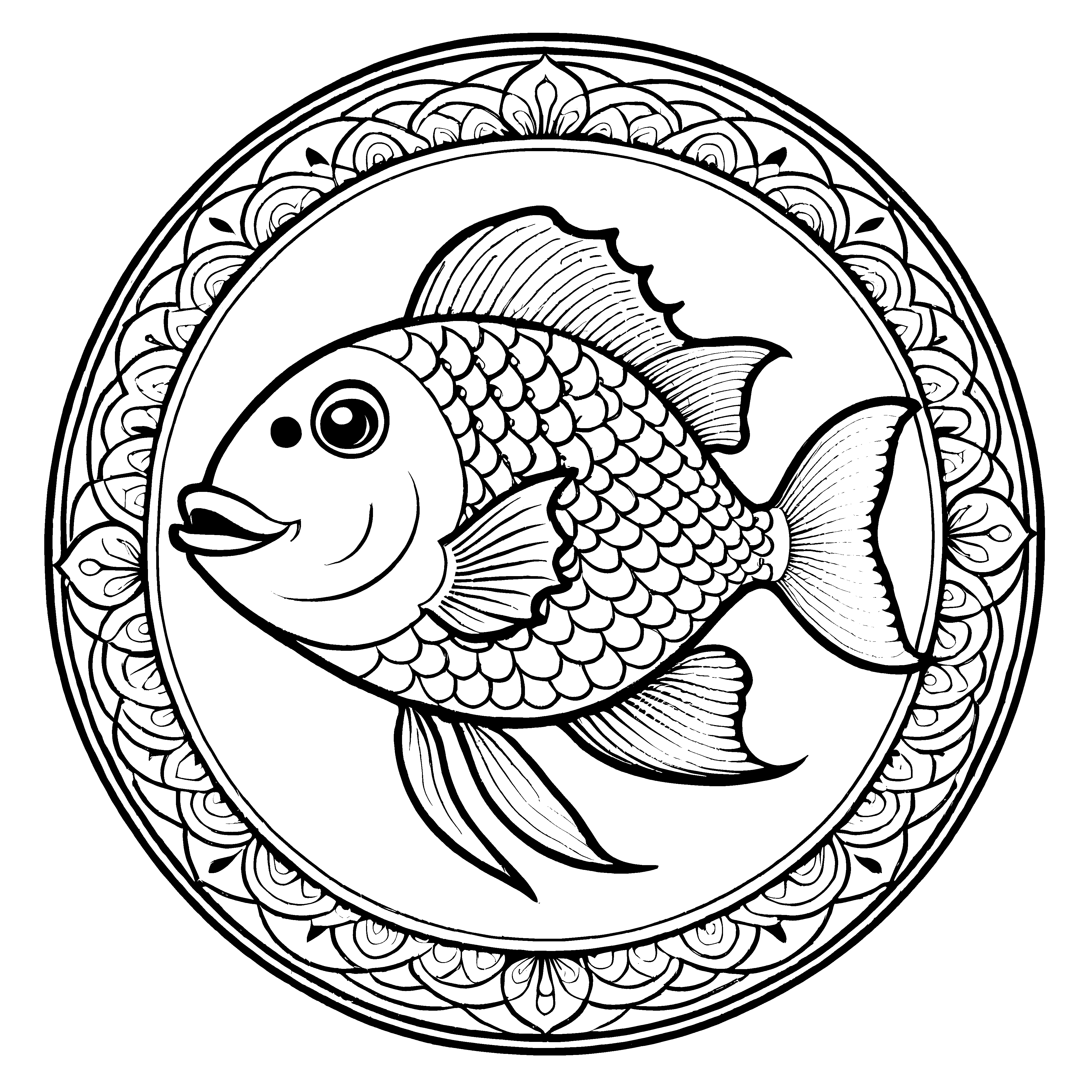 Faszinierendes Mandala mit verspieltem Fisch im Zentrum Ausmalmotiv für neugierige Farbentdecker und kleine Künstler
