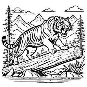 Säbelzahntiger am Baumstamm mit heftigem Gebrüll Ausmalbild für junge Abenteurer