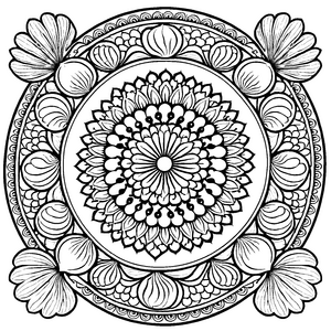 Intrikates Mandala mit floralen Details und geometrischen Formen Ausmalmotiv für neugierige Kunstentdecker und kreative Farbenfreunde