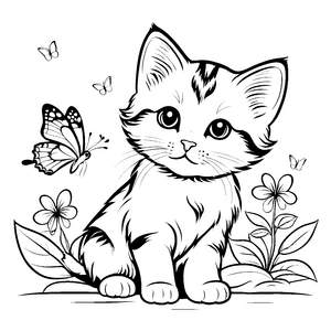 Niedliche Katze neben buntem Schmetterling Ausmalbild für neugierige Entdecker