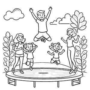 Fröhliche Familie springt zusammen auf Trampolin Ausmalmotiv für kleine Bewegungsfreunde