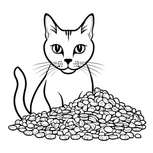 Schlaue Katze in buntem Futterparadies Ausmalmotiv für abenteuerliche Naschkatzen