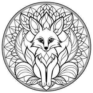 Faszinierendes Mandala mit Fuchs umrahmt von Blättern Ausmalbild für abenteuerlustige Künstler und neugierige Naturfreunde