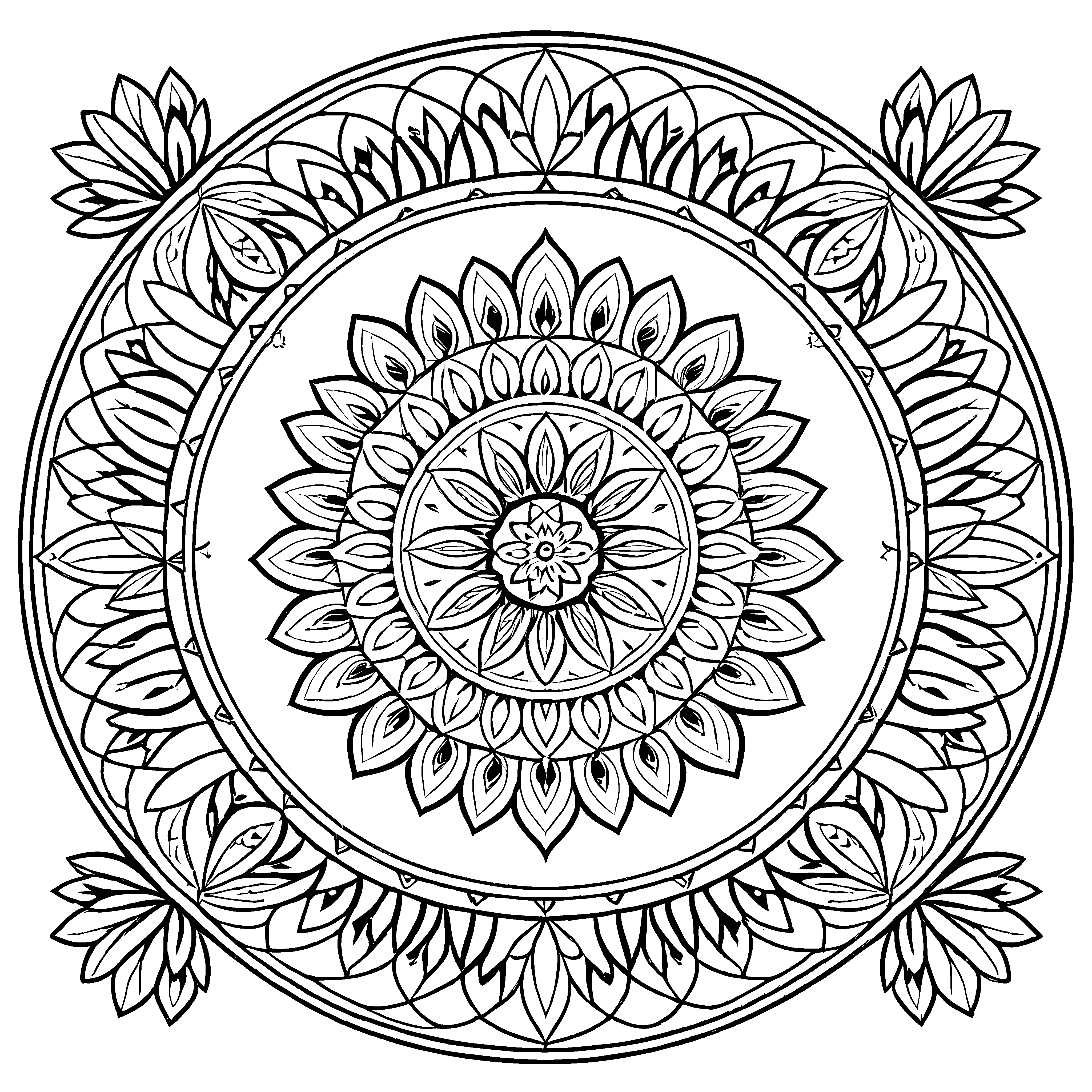 Faszinierendes Mandala mit komplexen Mustern und strahlenden Symbolen Ausmalbild für neugierige Fantasten und kreative Entdecker