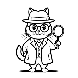 Neugierige Katze im Detektiv-Look mit Lupe Ausmalbild für kleine Rätselmeister