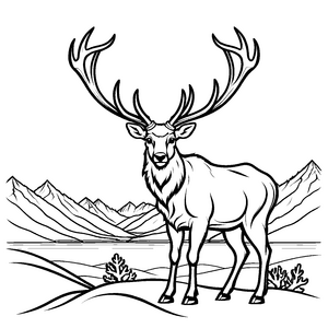 Majestätischer Riesenhirsch vor Berglandschaft Ausmalbild für neugierige Kinder