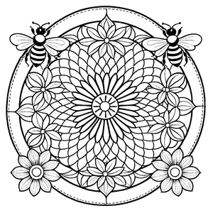 Elegantes Mandala mit drei Bienen und floralen Mustern Ausmalbild für kreative Träumer und kleine Farbkünstler