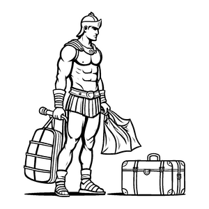Beeindruckender Gladiator mit Gepäck und Dreizack Ausmalbild für abenteuerliche Zeitreisende