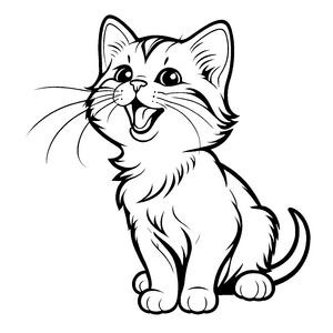 Schmunzelnde Katze mit offenem Mund und großen Augen Ausmalbild für wissbegierige kleine Künstler
