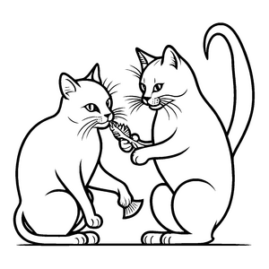 Zwei verspielte Katzen mit buntem Fischspielzeug Ausmalbild für neugierige Tierfreunde